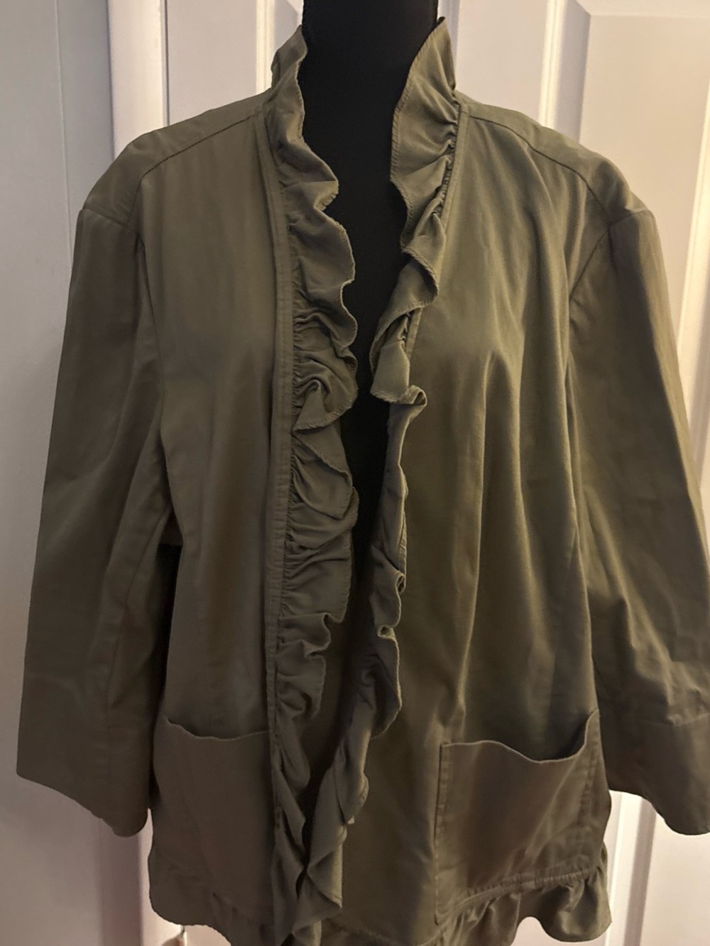 Talbots Olive Green Ruffle Open-Front Utility Jacket